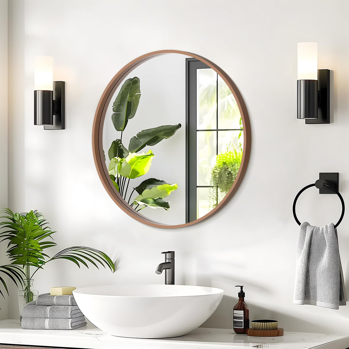 WallBeyond Round Mirror with Wood Frame 24 inch Circle Wall Mirror for Bathroom Round Wall Mirror for Wall Decor, Vanity, Entryway Living Room (Walnut) WallBeyond