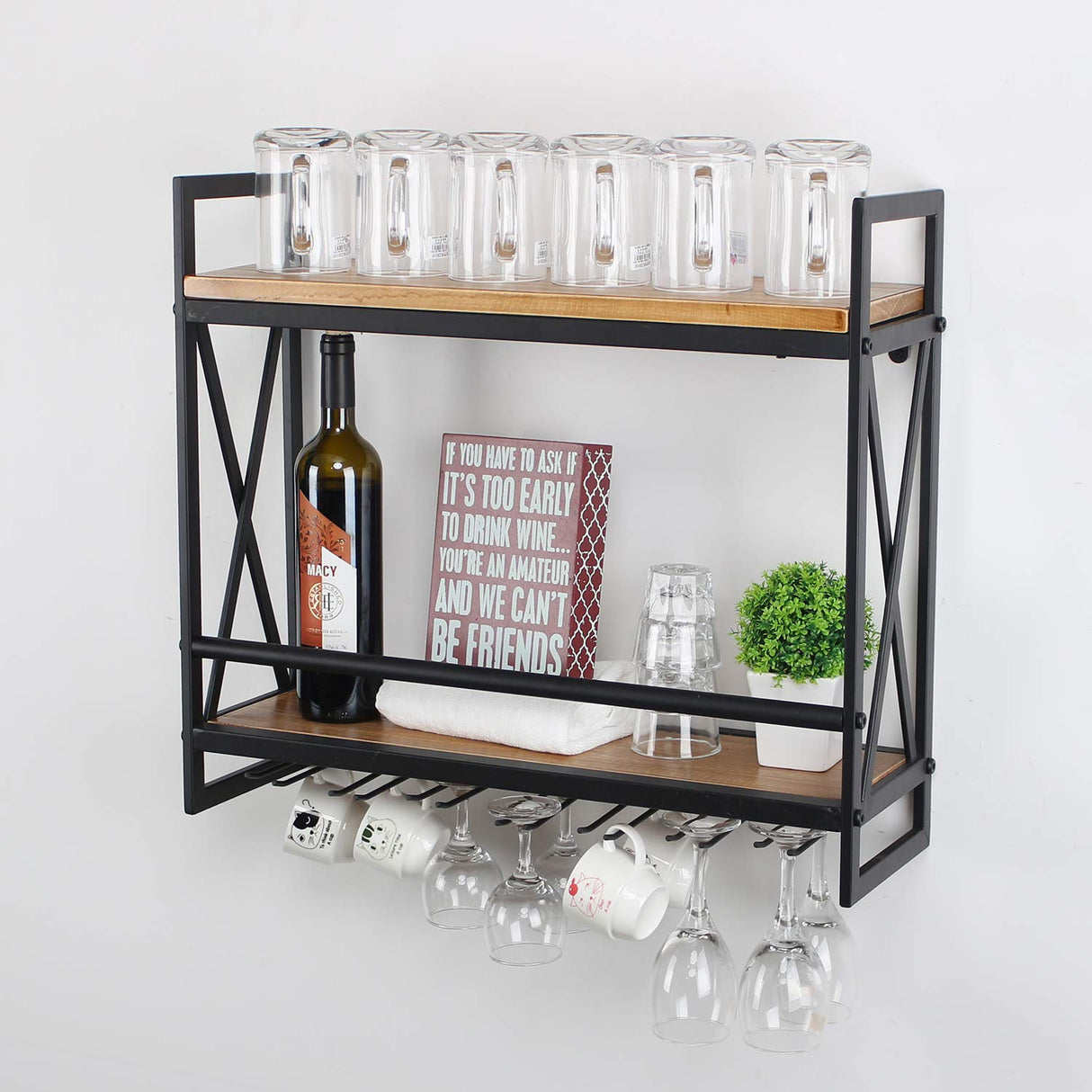 MBQQ Rustic Wall Mounted Wine Racks with 6 Stem Glass Holder,23.6in Industrial Metal Hanging Wine Rack,2-Tiers Wood Shelf Floating Shelves,Home Room Living Room Kitchen Decor Display Rack MBQQ