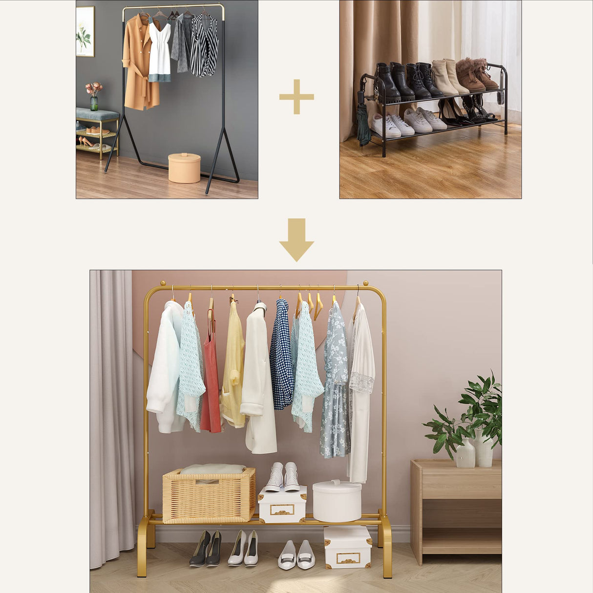 JIUYOTREE Metal 43.3 Inches Garment Rack with Bottom Shelf Clothing Rack for Hanging Clothes Coats Skirts Shirts Sweaters Gold JIUYOTREE