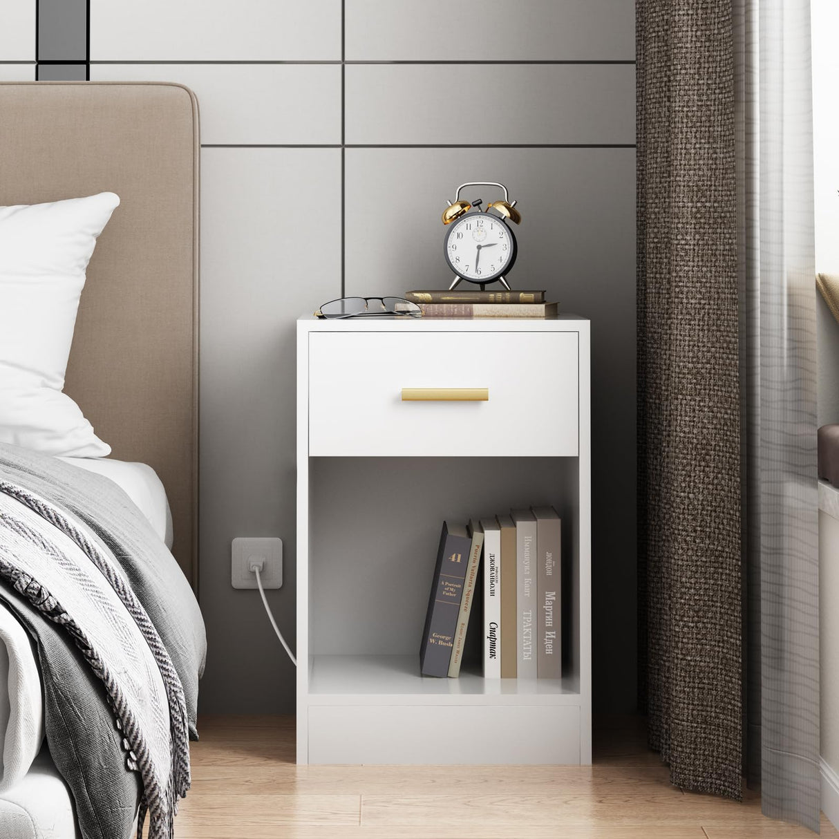 LAPTAIN Nightstand with Charging Station, End Side Table with Storage Drawer and Open Cabinet, Bedside Table for Bedroom, White LAPTAIN