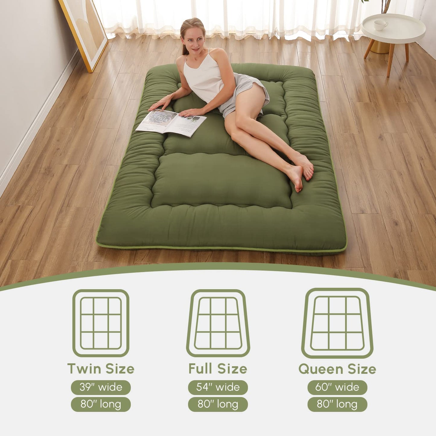 Zelladorra Japanese Floor Mattress, Futon Mattress with Portable Storage Bag, Roll Up Mattress Thick Tatami Mattress Suitable for Camping, Guest Room, Green, Twin