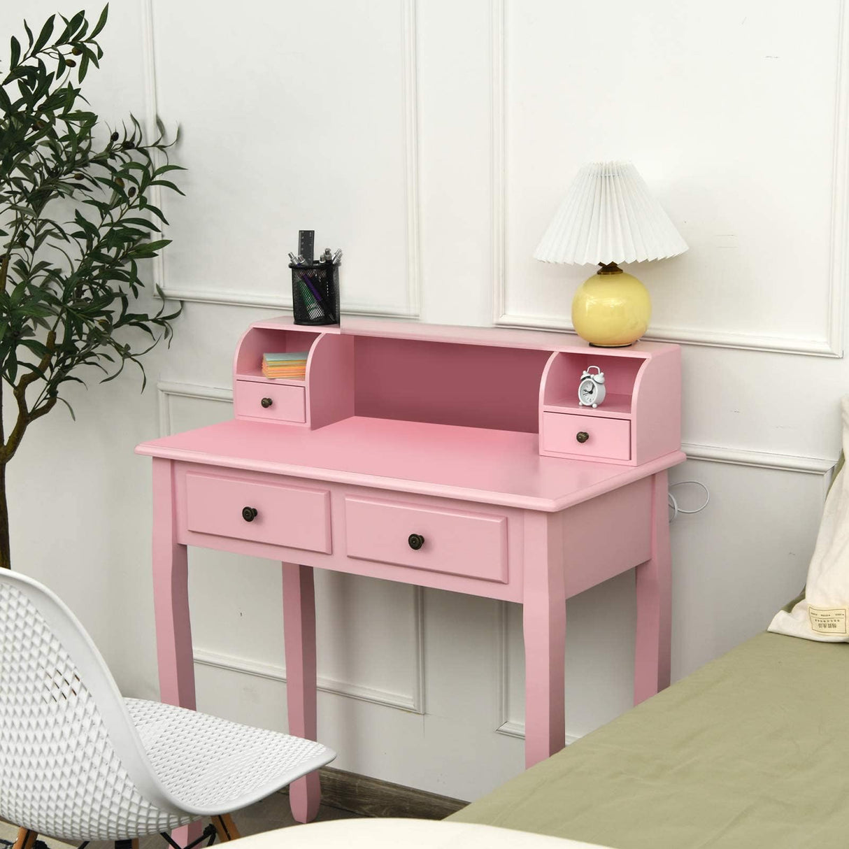 Giantex Writing Desk with 4 Drawers, Removable Floating Organizer 2-Tier Mission Home Computer Vanity Desk for Apartment Small Space (Pink) Giantex