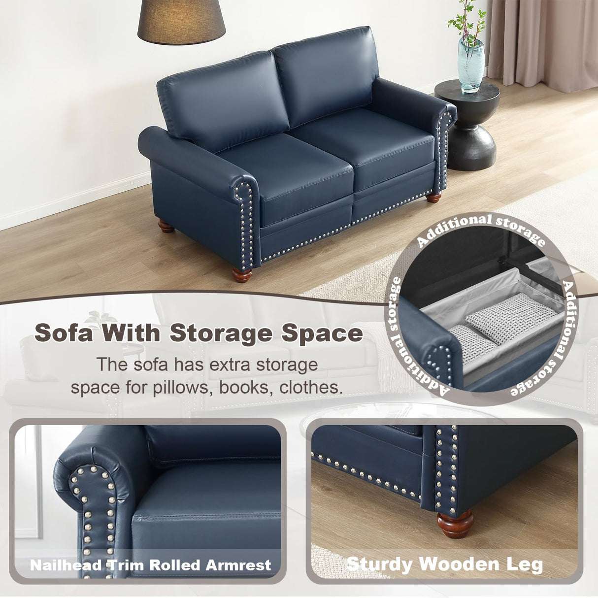 JEEOHEY Faux Leather Sofa Couch,82" Mid Century Modern Couch with Storage Place,Oversized 3 Seater Sofa with Nailhead Trim&Rolled Arm,Deep Seat Comfy Couch for Living Room,Apartment,Office(Navy Blue) JEEOHEY
