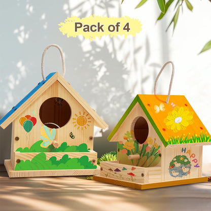 4 Sets DIY Wooden Birdhouse Kits with Paint for Kid, Paint Your Own Wood Birdhouse DIY Kid Art Craft Outdoor Birdhouse Kit Hanging Bluebird Cardinals for Spring Summer STEM Projects