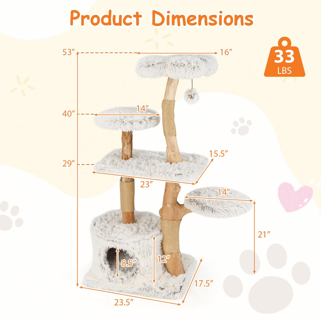 Tangkula Modern Cat Tree, 53 Inch Tall Natural Branch Wooden Cat Tower with Jute Scratching Posts, Plush Perch, Condo, Aesthetic Luxury Solid Wood Flower Cat Tree for Indoor Cats Large Adult (White) Tangkula
