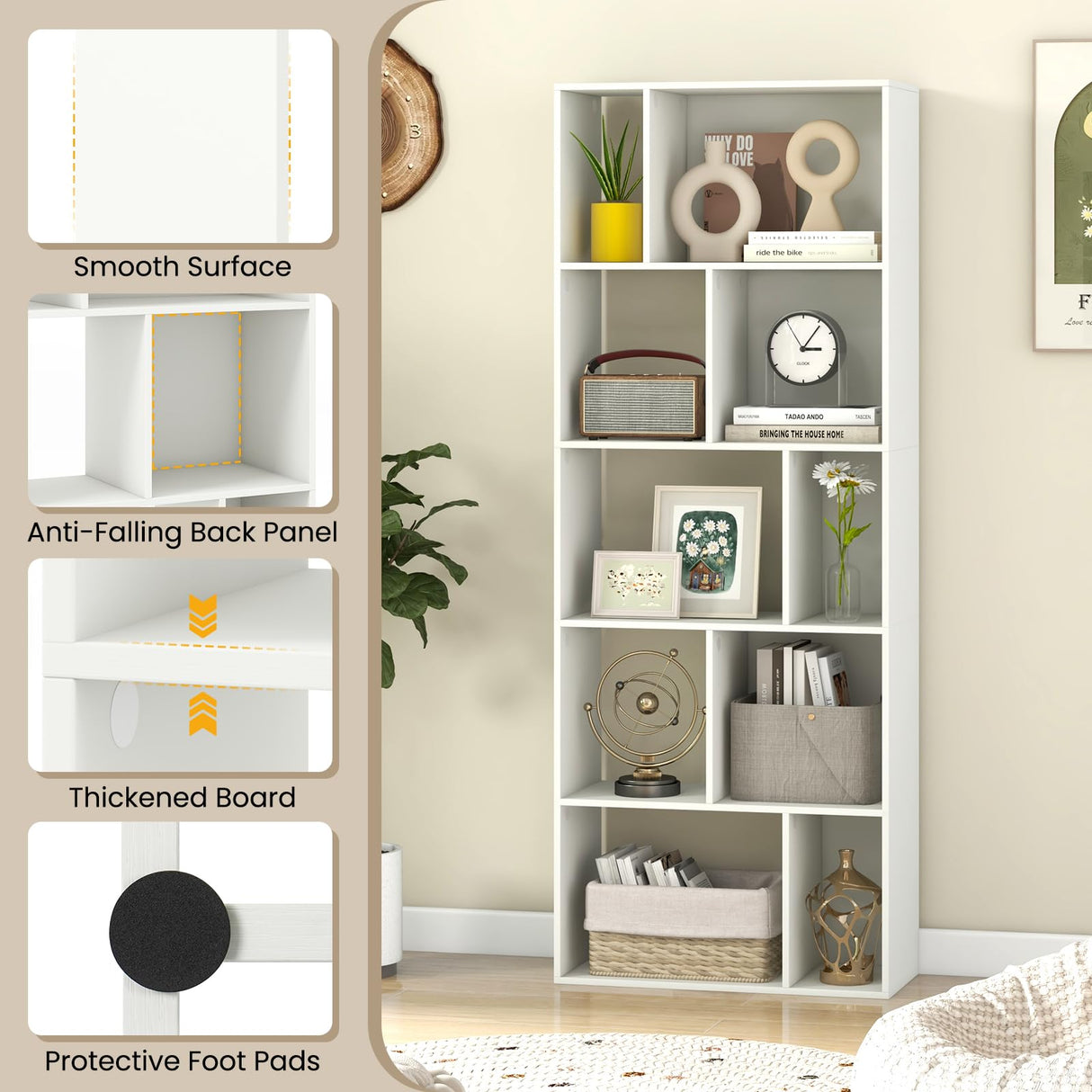 Giantex 5-Tier Geometric Bookshelf, 63" Modern Tall Bookcase, 10-Cube Storage Organizer, Freestanding Open Storage Shelving Unit, Display Rack Cabinet for Living Room, Study, Home Office, White (1) Giantex