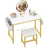 KAI-ROAD Makeup Vanity Desk with Mirror and Lights - Small White Gold Vanity Table with Chair, Power Outlet, Modern Make Up Vanitys Desks Set, Dressing Table for Girls Bedroom KAI-ROAD