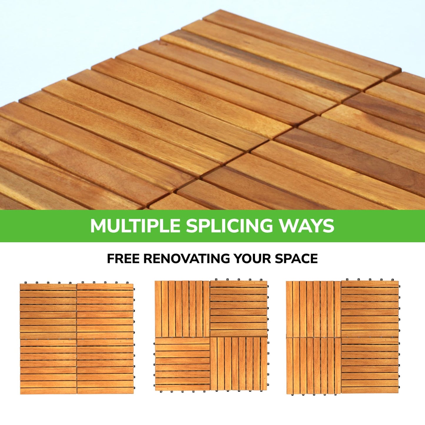 10 Pcs Interlocking Deck Tiles 12"x12", Waterproof Patio Floor Tiles, Easy Snap All Weather Acacia Wood Tiles, Balcony Flooring, Backyard Flooring, Indoor Outdoor Solid Wood Tiles (Natural)