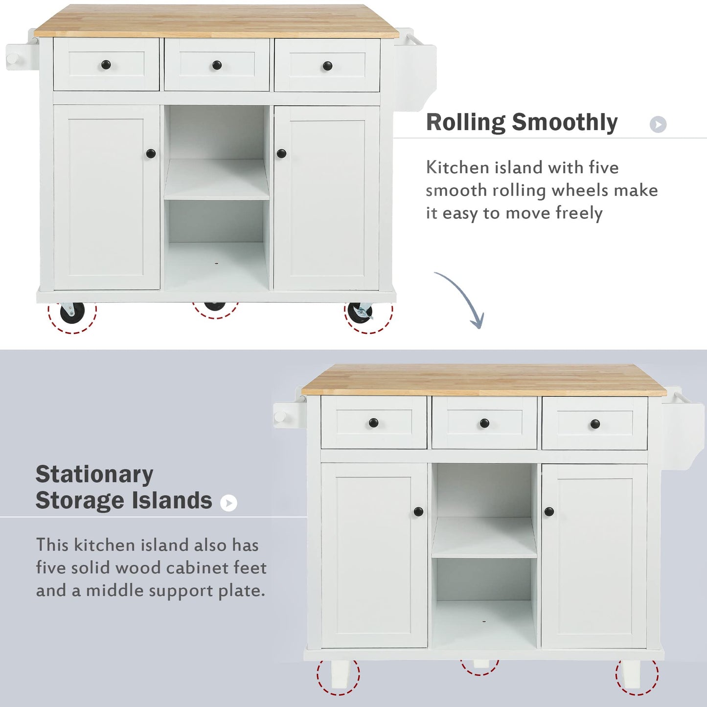 MACHOME Kitchen Cart with Rubber Wood Drop-Leaf Countertop, Cabinet Door Internal Storage Racks, Kitchen Island on 5 Wheels with Storage Cabinet and 3 Drawers for Dinning Room, White - WoodArtSupply