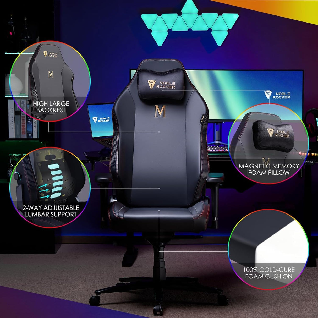 Noblerocker Gaming Chair Ergonomic PC Game Chair- Lumbar Support Headrest 4D Armrests Computer Chair, Big and Tall Comfortable Large Noblerocker