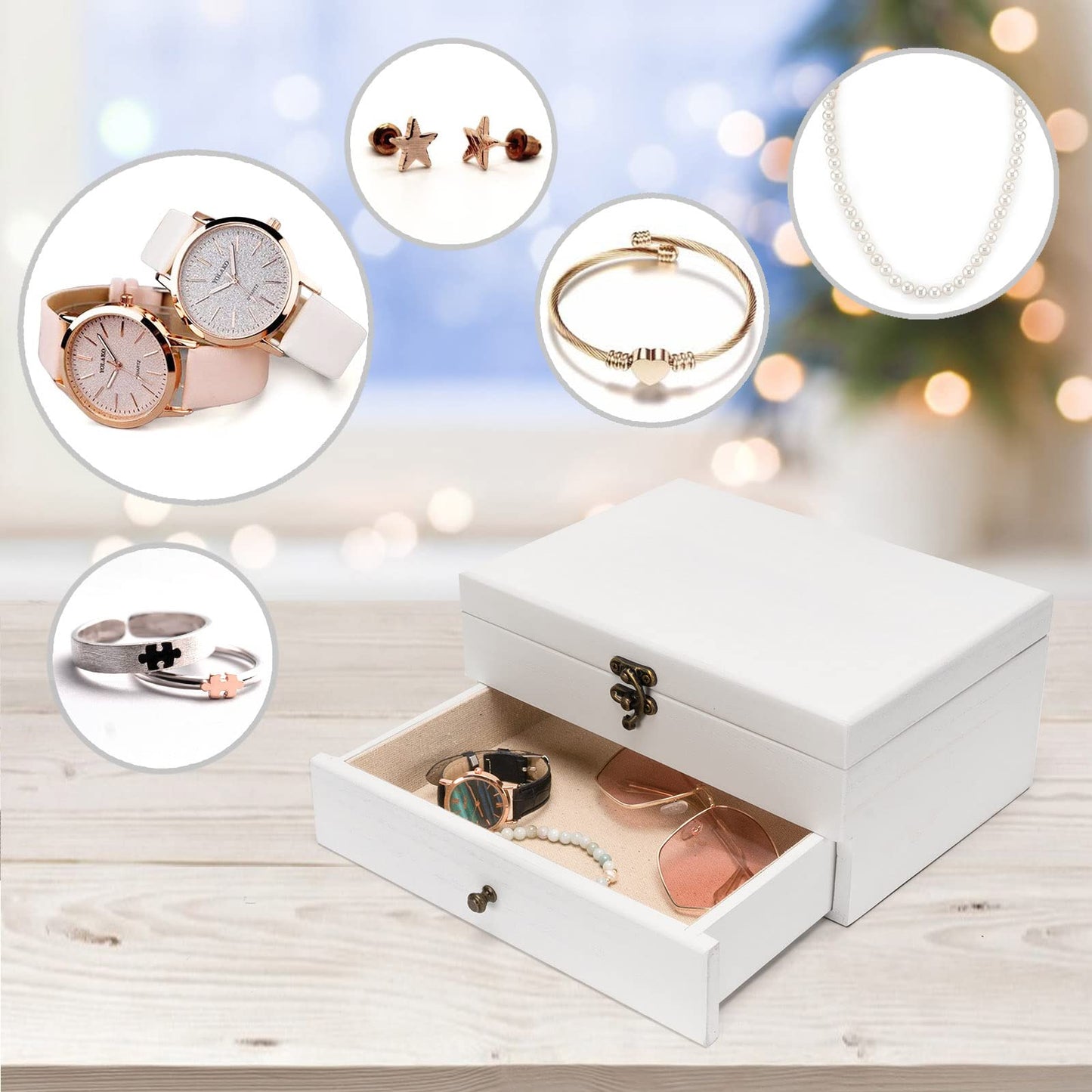 Pinzoveco Jewelry Box for Women, Rustic Wooden Jewelry Organizer Box for Storage Earrings Rings Necklace Bracelet, Farmhouse Style Wood Jewelry Boxes & Organizers (White) - WoodArtSupply