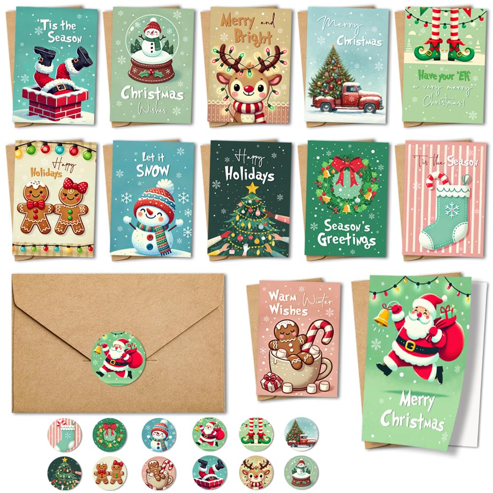 FALIMITLESS Christmas Cards Set – Cute Holiday Greeting Cards with Envelopes & Stickers – Funny Designs for Kids, Friends, Family – 12 Pack (Christmas Color) FALIMITLESS