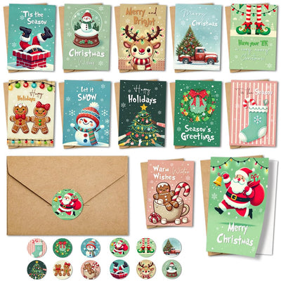 FALIMITLESS Christmas Cards Set – Cute Holiday Greeting Cards with Envelopes & Stickers – Funny Designs for Kids, Friends, Family – 12 Pack (Christmas Color)