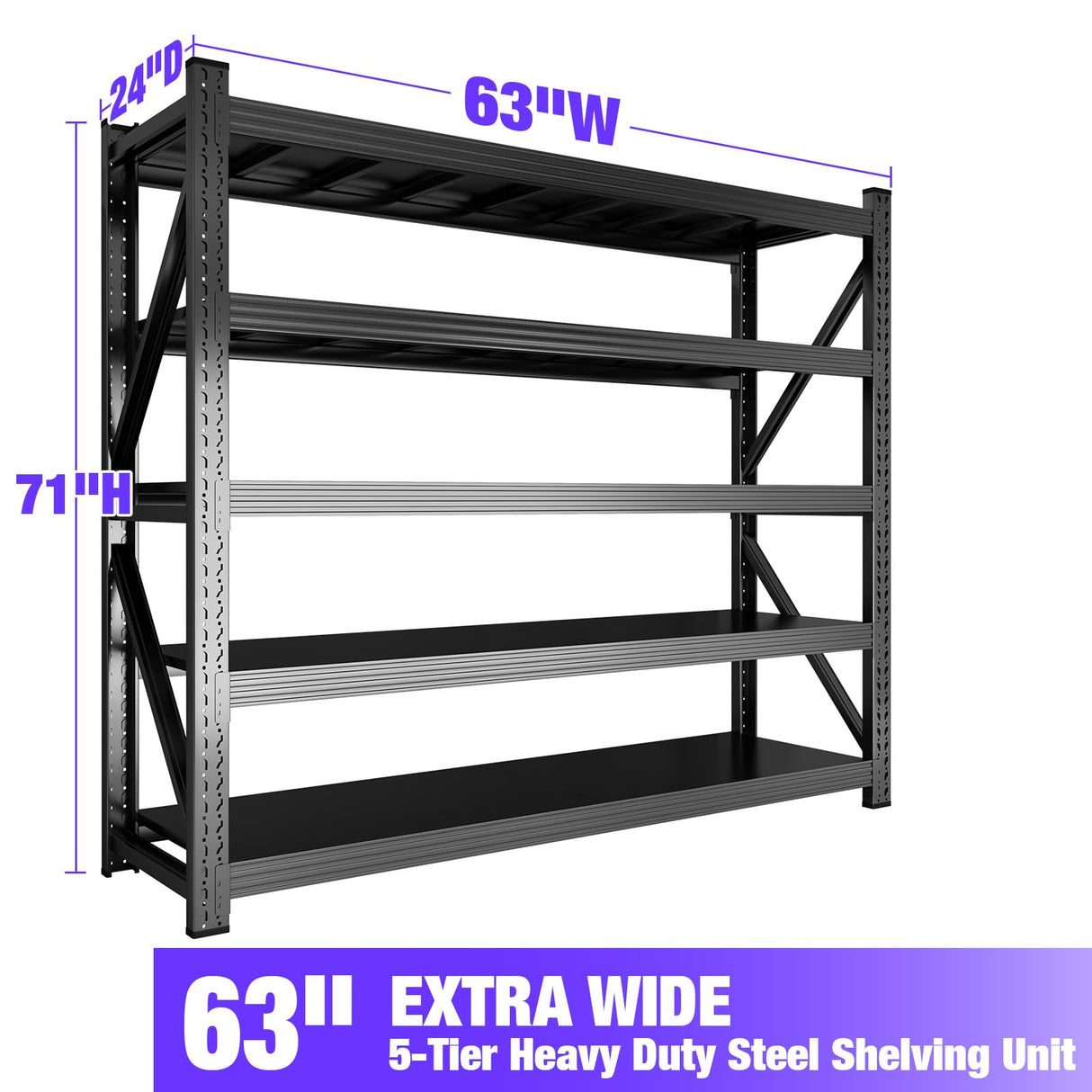 8000LBS Garage Shelving Heavy Duty, 5-Tier 71" H Storage Garage Shelves, Industrial Adjustable Metal Shelving Units for Garages, Warehouses, Kitchen, Black, 63" W x 24" D x 71" H Koestem