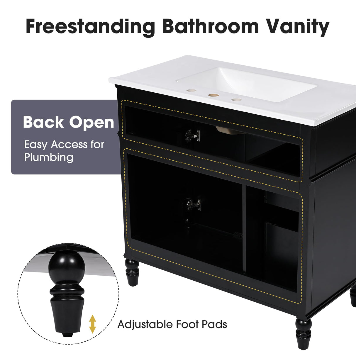 36" Bathroom Vanities with Ceramic Sink, Storage Cabinet with 2 Doors and 2 Drawers, Vintage Legs, Solid Wood & MDF Board, Black Merax