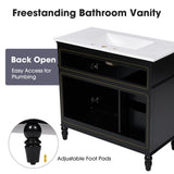 36" Bathroom Vanities with Ceramic Sink, Storage Cabinet with 2 Doors and 2 Drawers, Vintage Legs, Solid Wood & MDF Board, Black Merax