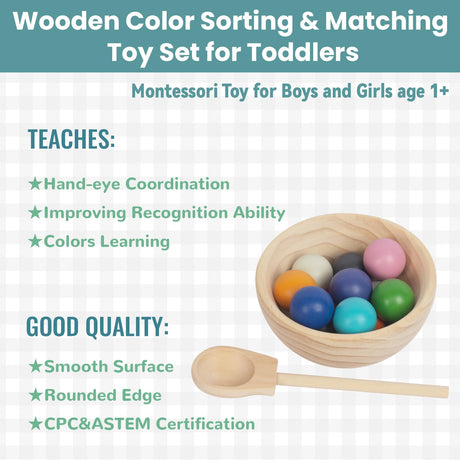 WOODENFUN Rainbow Balls in Cups Toddler Montessori Toys for 3 Year Old Up, Kids Preschool Wooden Matching Games for Learning Color Sorting and Counting WOODENFUN