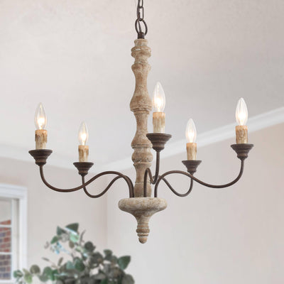 GEPOW Farmhouse Chandelier, 5-Light French Country Chandelier, Rustic Distressed Wood Chandeliers Light Fixture for Dining Room, Living Room, Bedroom, Foyer