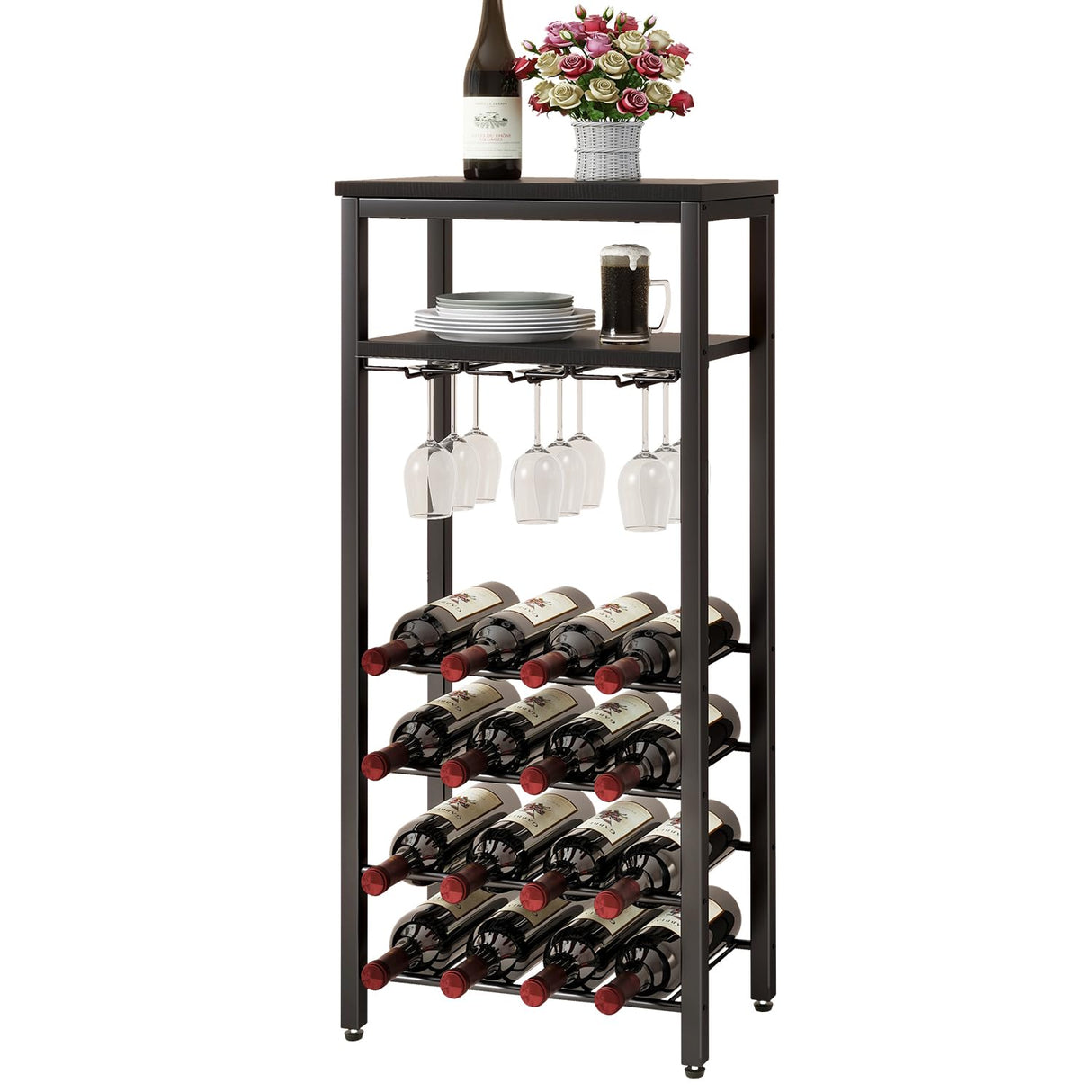 IBUYKE Wine Racks Freestanding Floor,Liquor Bottle Holder,16 Bottles Wine Cabinet with Glass Holder,Wine Holder Display,Mini Wine Bar Table for Living Room,Kitchen Pantry,Dining Room,Black UTMJ907B IBUYKE