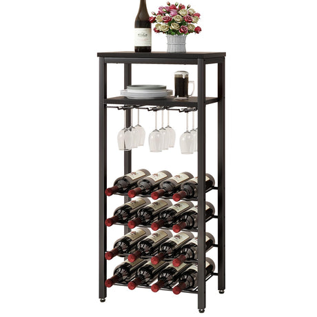 IBUYKE Wine Racks Freestanding Floor,Liquor Bottle Holder,16 Bottles Wine Cabinet with Glass Holder,Wine Holder Display,Mini Wine Bar Table for Living Room,Kitchen Pantry,Dining Room,Black UTMJ907B IBUYKE