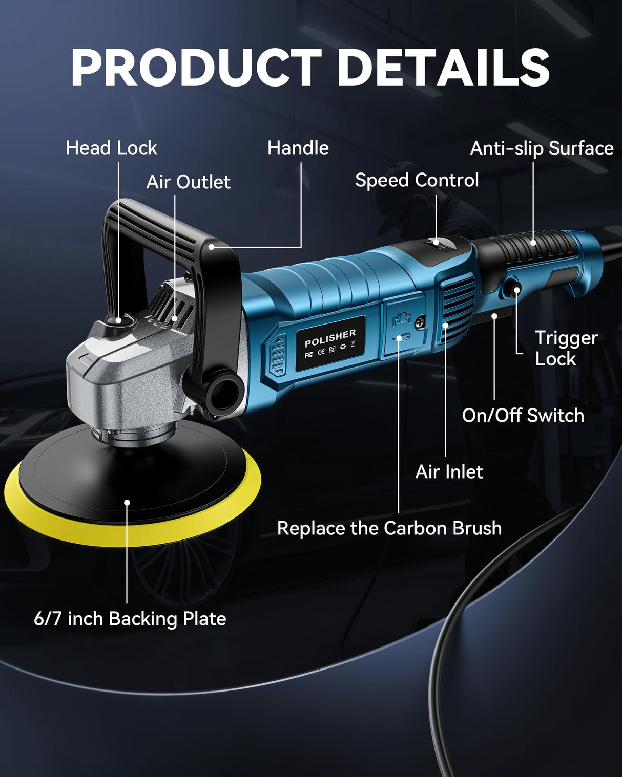 Buffer Polisher Kit for Car - 1600w 6/7 Inch Rotary Polisher Buffer Waxer,7 Variable Speed 2500-5000rpm,Detachable Handle Buffing Machine for Car Boat Sanding Polishing Waxing Orgpek