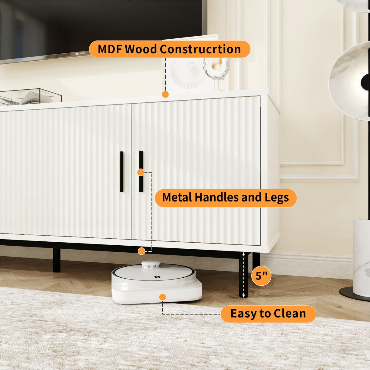 MUUEGM 70" Fluted TV Stand for TVs up to 80 Inches, Entertainment Center with Storage， Adjustable Shelf, Modern TV Console for Living Room and Bedroom, 70" W x 15.75" D x 25" H, White MUUEGM