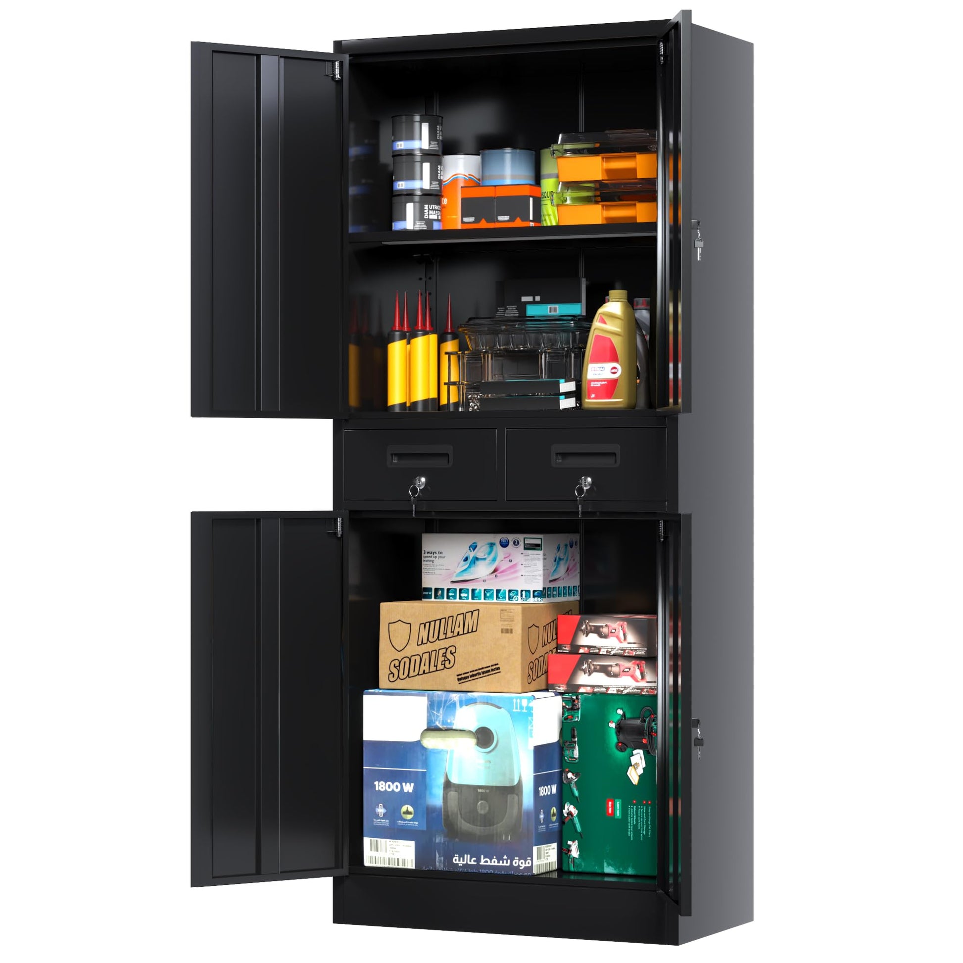 LOCENHU Garage Storage Cabinet with Locking Doors,Tool Storage Cabinet with 2 Drawer and Adjustable Shelves-71 H Storage Cabinet for Garage, Warehouse,Home,Office,School(Black) - WoodArtSupply