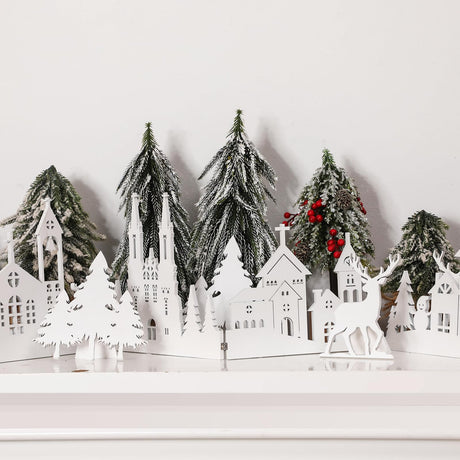 Colingmill 32 Inch Christmas Tabletop Decoration Wooden Christmas Themed White Church Christmas Tree and elk Signs Farmhouse Centerpiece Decor for Home Kitchen Table Shelf Decor Colingmill