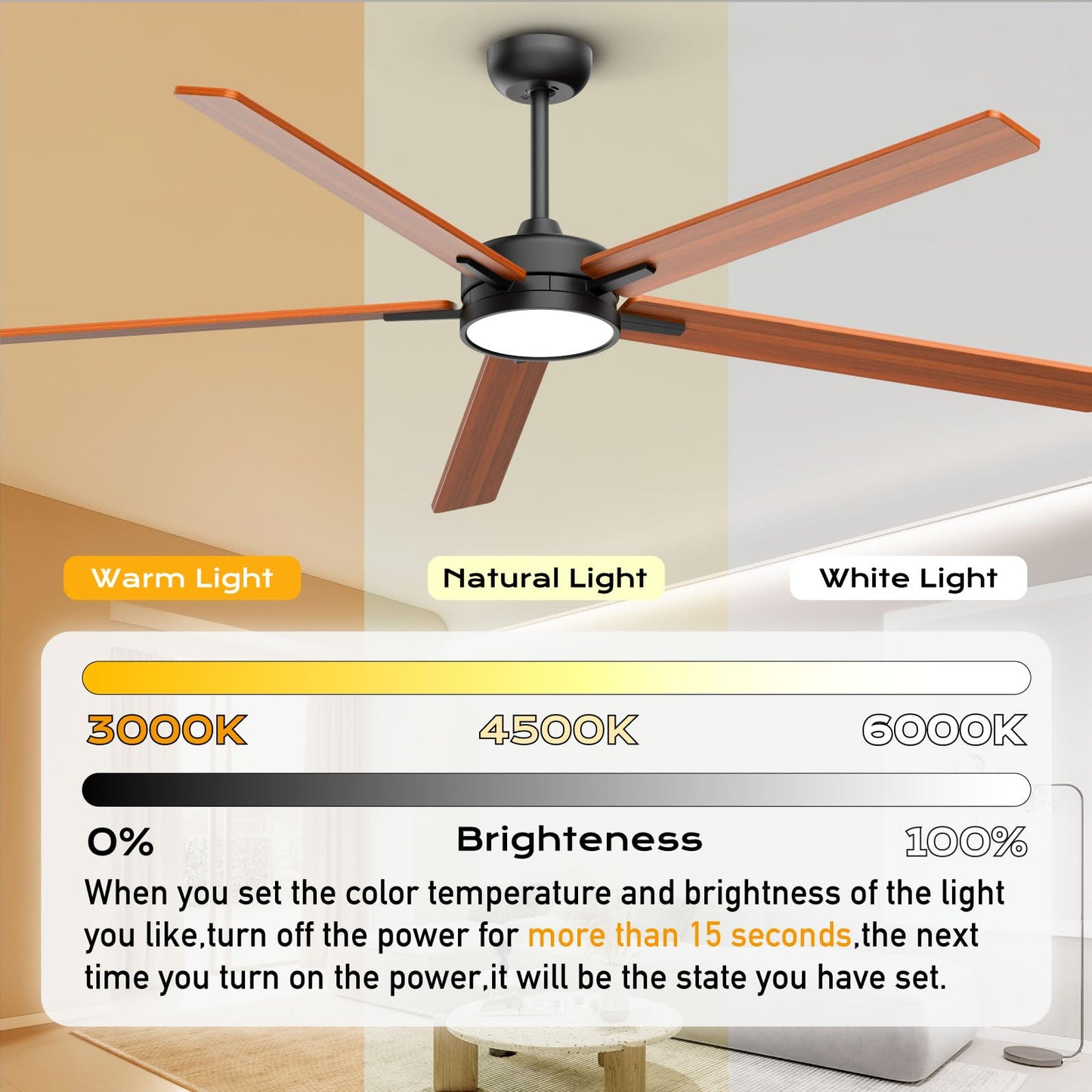 Skylike 72 Inch Wooden Ceiling Fans with Lights Led Remote Control Flush Mount Low Profile for Living Room Outdoor Patio,Buzzer ON & OFF,DC Motor,Reversible,Dimmable,Large,BLACK,Solid Wood Blade