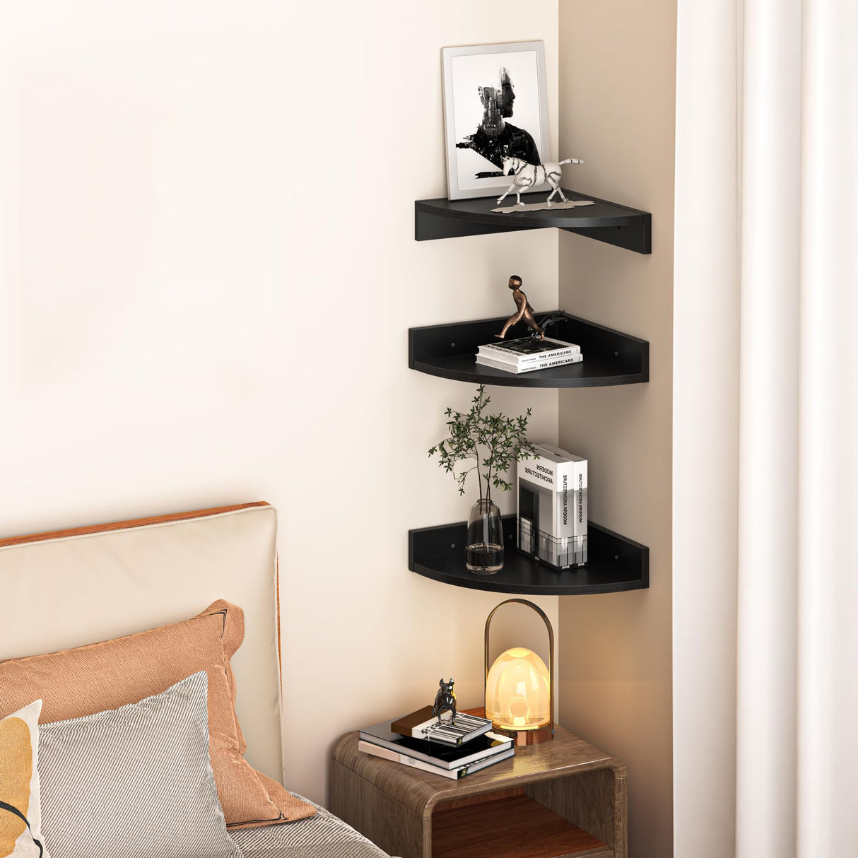Fun Memories Corner Shelf Wall Mount, Wood Floating Corner Shelves, Corner Wall Shelf for Bedroom, Bathroom, Kitchen, Living Room (Black, 3 Pack) Fun Memories