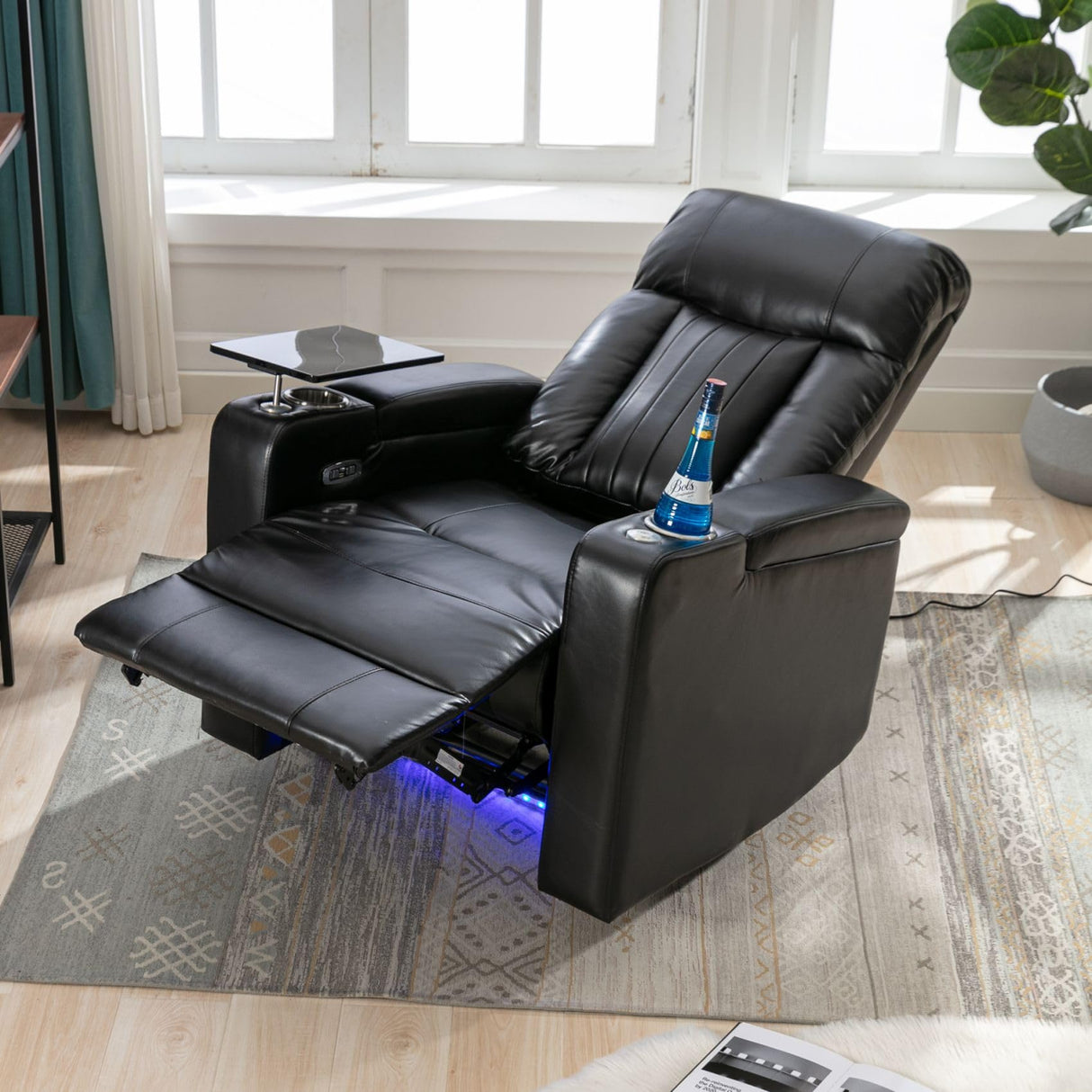 Merax Electric Power Lift Recliner Chair with USB Charging Port & Cell Phone Stand & Arm Storage & 2 Cup Holders & 360°Swivel Tray Table, Elderly Lazy Boy Leather Sofa Seating for Home Theater, Black Merax