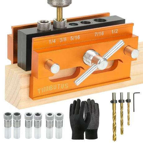 Self Centering Doweling Jig Kit - Adjustable Width Dowel Jig Kit for Straight Holes, Biscuit Joiner Set, 6 Bushings, 3 Size Drill Bits - Woodworking Precision Tool TIMBUTUS
