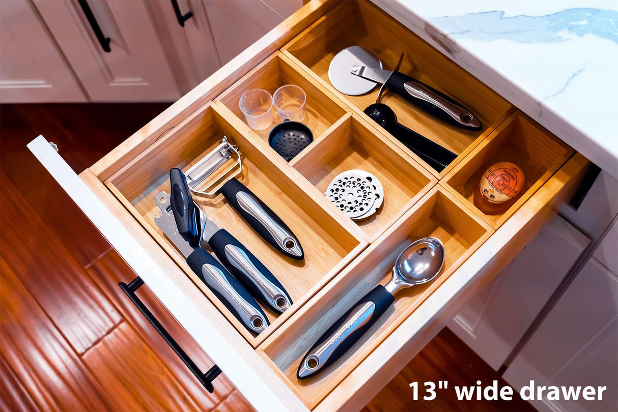 Umilife Drawer Organizer Storage Boxes, 2.5" High Bamboo Drawer Dividers, 5 Rearrangeable Bins for Kitchen, Office Desktop, Clothing, Makeup, vanity, Jewelry Umilife