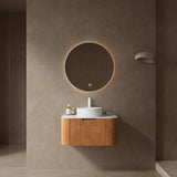GUCOGUKA 30'' Floating Vanity with Sink Combo, Modern Wall-Mounted Curved Edges Striped Bathroom Storage Cabinet with Soft-Close Drawer and White Artificial Marble Basin, Natural Walnut GUCOGUKA