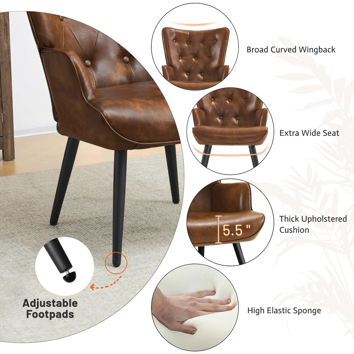 Furniliving PU Leather Accent Chair for Living Room, Upholstered Reading Chair with High Backrest, Tufted-Button Wingback Armchair for Bedroom, Dressing Room, Home Office, Brown Furniliving