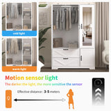 UZUGUL Armoire Wardrobe Closet with Mirror and 2 Drawers, 72''H Bedroom Armoire Wardrobe Cabinet with Hanging Rod and Light,Wooden Bedroom Closet with 3 Door UZUGUL
