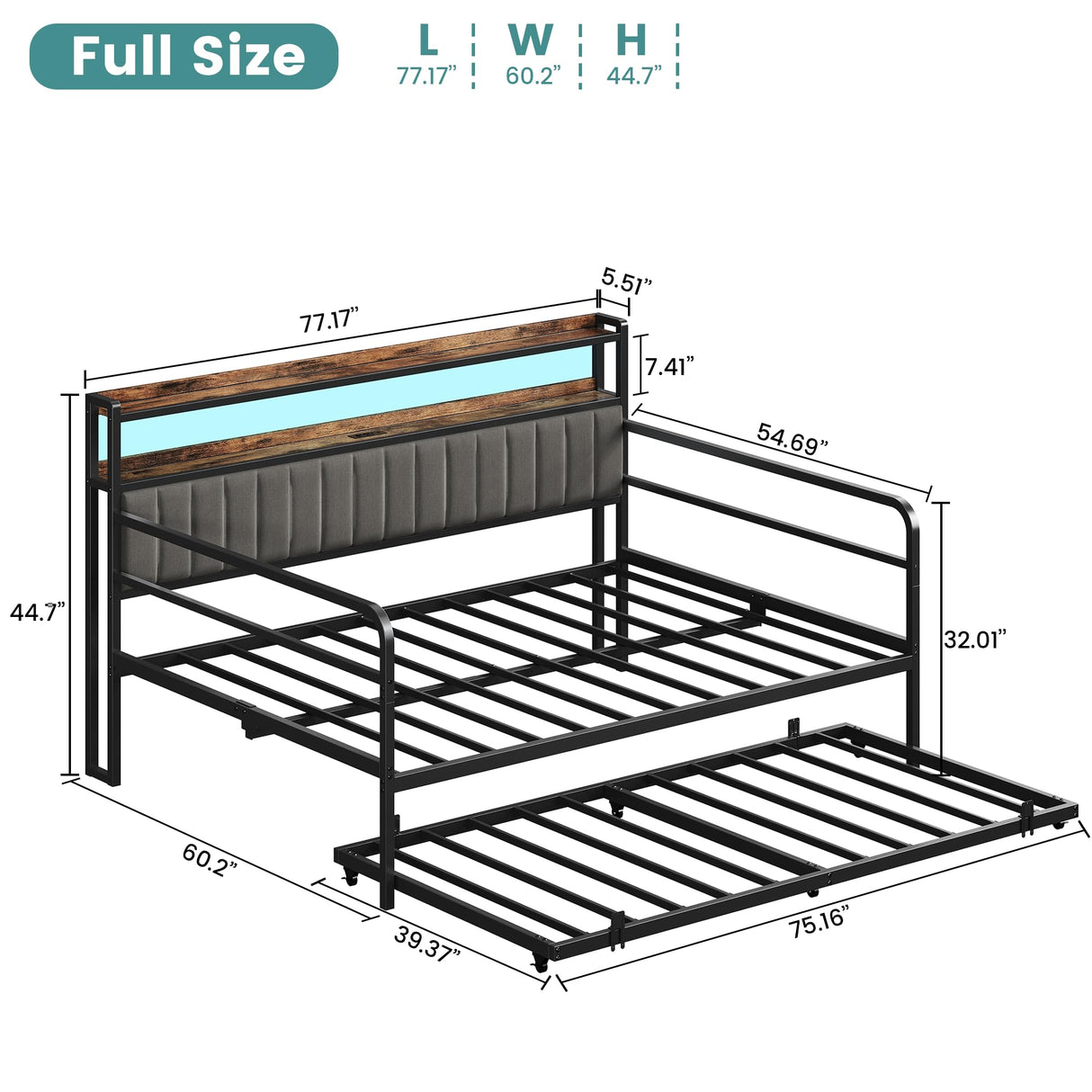 ANCTOR Daybed with Trundle, LED Lights and Charging Station, Full Size Daybed with 2-Tier Storage Shelves and Upholstered Headboard, Metal Sofa Bed Frame for Living Room, Bedroom, Black ANCTOR