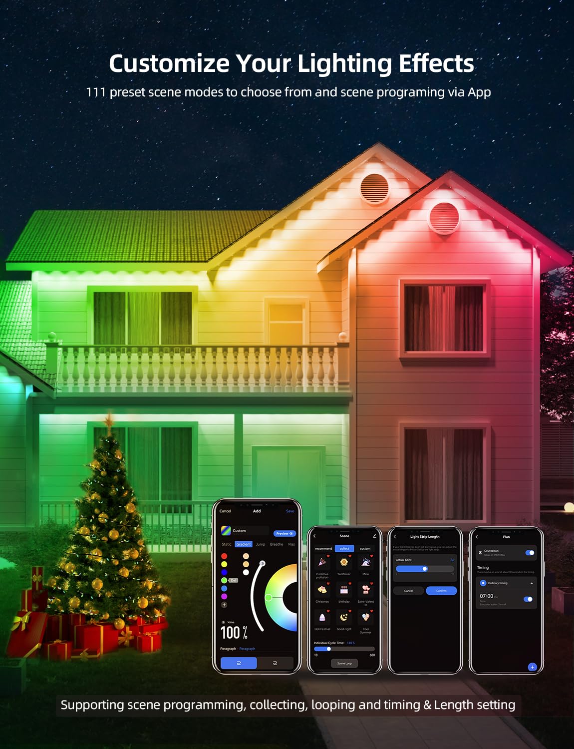 APPECK Permanent Outdoor Lights 100ft with 72 LEDs, DIY Scene Modes, Smart RGBW String Lights Waterproof, App/Remote Control for Christmas, Holidays, Alexa/Google Assistant Compatible, Black APPECK
