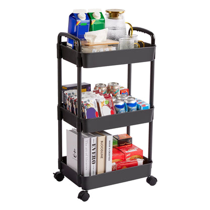 Vtopmart 3 Tier Rolling Cart with Wheels, Detachable Utility Storage Cart with Handle and Lockable Casters, Storage Basket Organizer Shelves, Easy Assemble for Bathroom, Kitchen, Black - WoodArtSupply