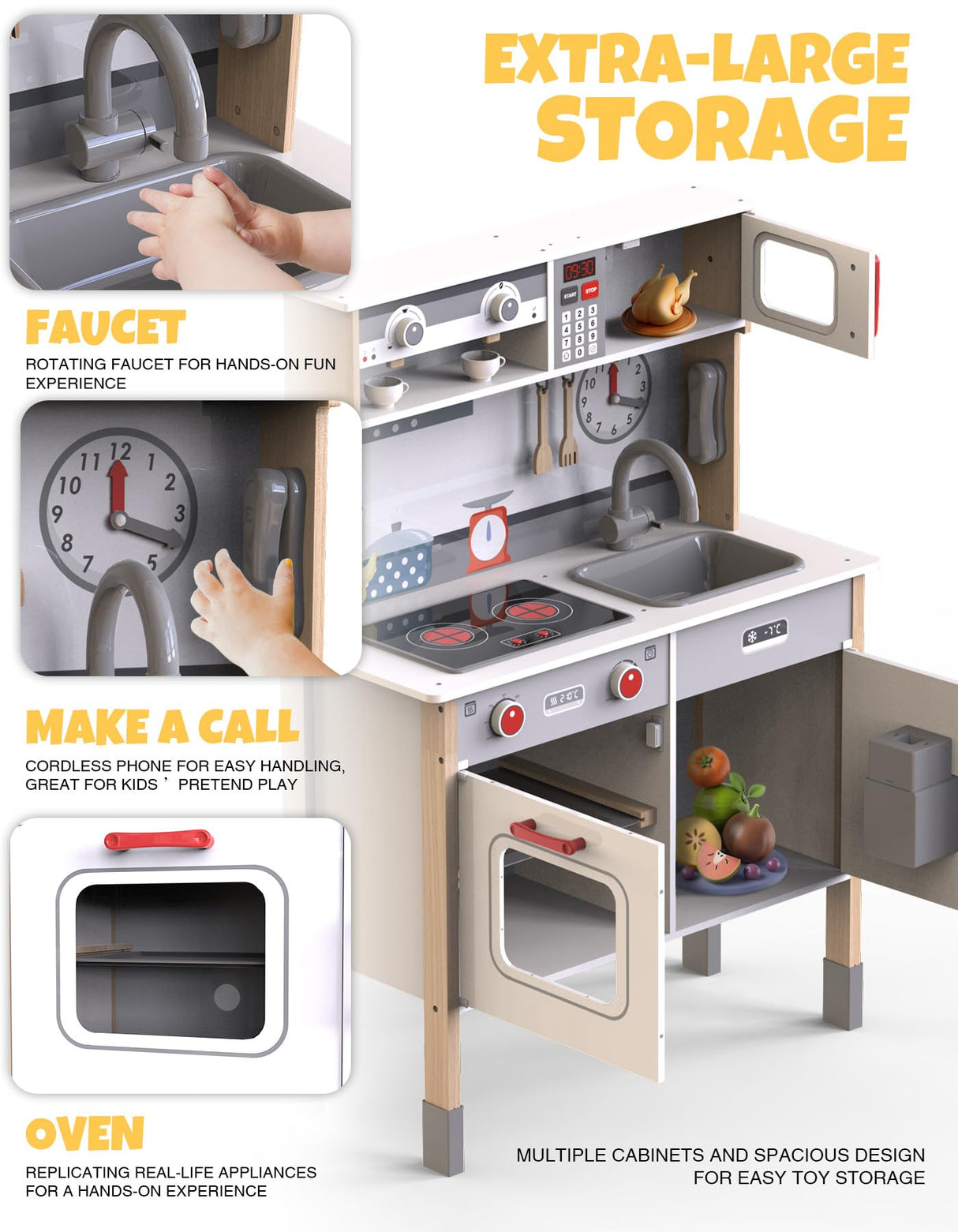 JOYOOSS Kids Play Kitchen Playset, Wooden Play Kitchen Kids Kitchen Playset Toy Toddler Kitchen Playset with Real Lights & Sounds, Play kitchen for toddlers 1-3 and Play Kitchen Sets for Kids Ages 4-8 Joyooss