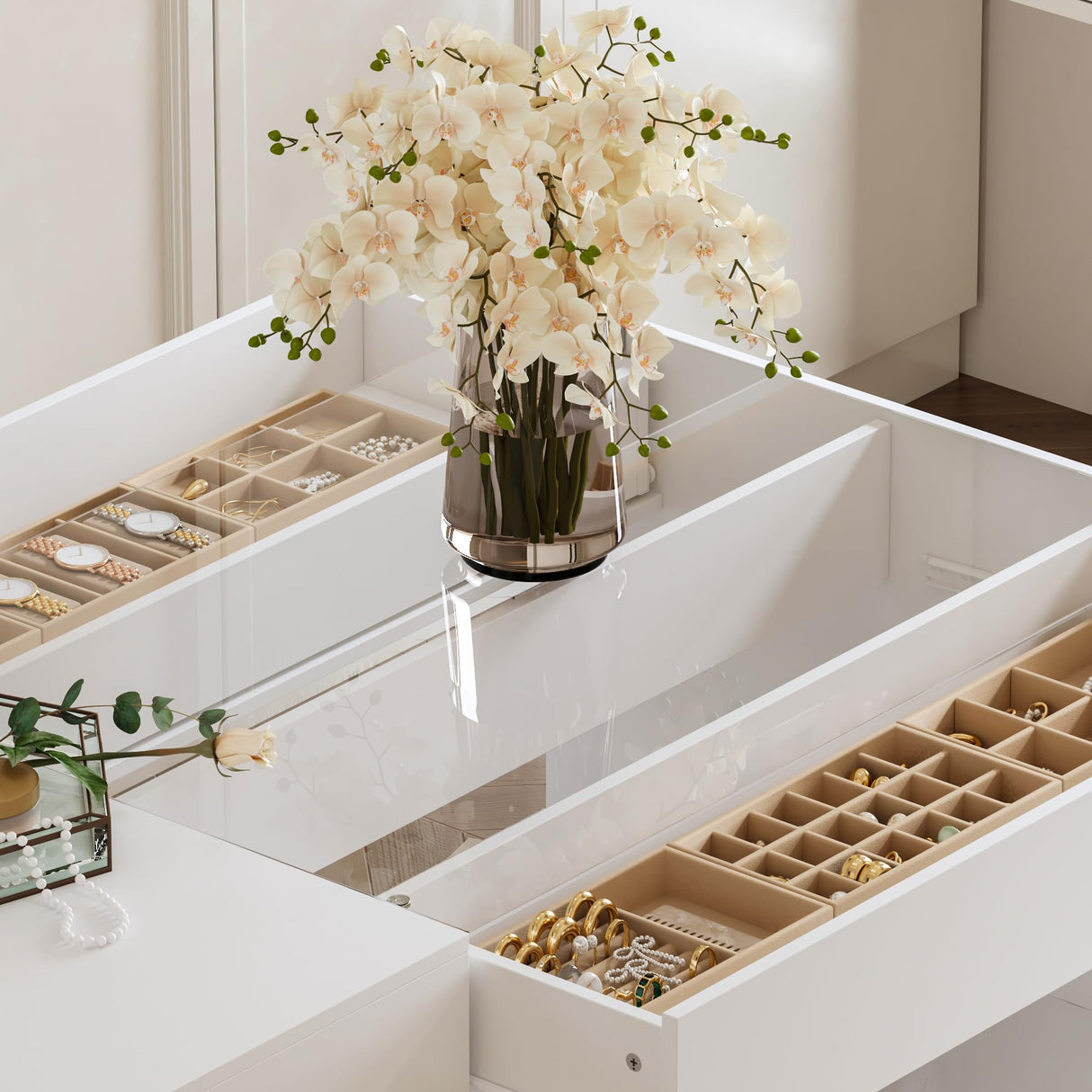 FUFU&GAGA Closet Island with Glass Top & 8 Drawers for Walk in Closet, Jewelry Display Cabinet Island with Glass Shelf, for Store Dressing Room Shop, 47.2”W x 23.6”D x 31.5”H FUFU&GAGA