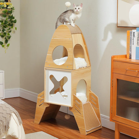 MUTTROS Modern Cat Tree Rocket Ship, Wood Cat Tower for Indoor Cats, 47" Multilevel Wooden Cat Furniture with 2 Condos, Dangling Balls, Sisal Scratcher Pads, Cute Cat Tree Kitten Playground MUTTROS