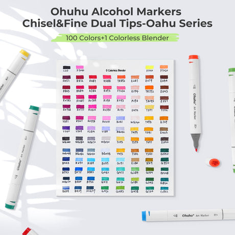 Ohuhu Alcohol Markers Double Tipped Art Marker Set for Artists Adults Coloring Sketch Illustration - Chisel & Fine Dual Tips - 100 Colors - Oahu Series of Ohuhu Markers - Refillable Ink Ohuhu