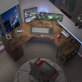 LVB Farmhouse L-shaped Corner Desk with Drawers, Reversible Home Office Executive Desk with Storage Cabinet Shelves, Large Wood Metal L Shaped Table for Work Study Writing Gaming, Rustic Brown, 60 in LVB