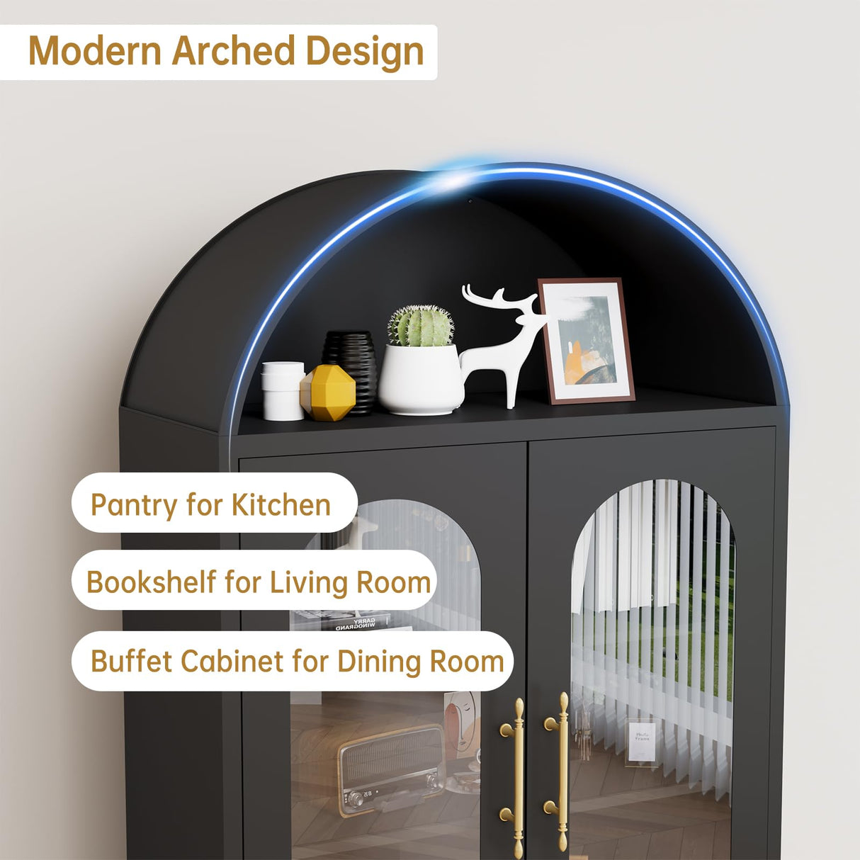 PAOFIN 73" Metal Tall Arched Kitchen Pantry Cabinet, Modern Farmhouse Kitchen Storage Cabinets with 3 Adjustable Shelves, Versatile Cupboard for Kitchen, Dining Room, Black PAOFIN