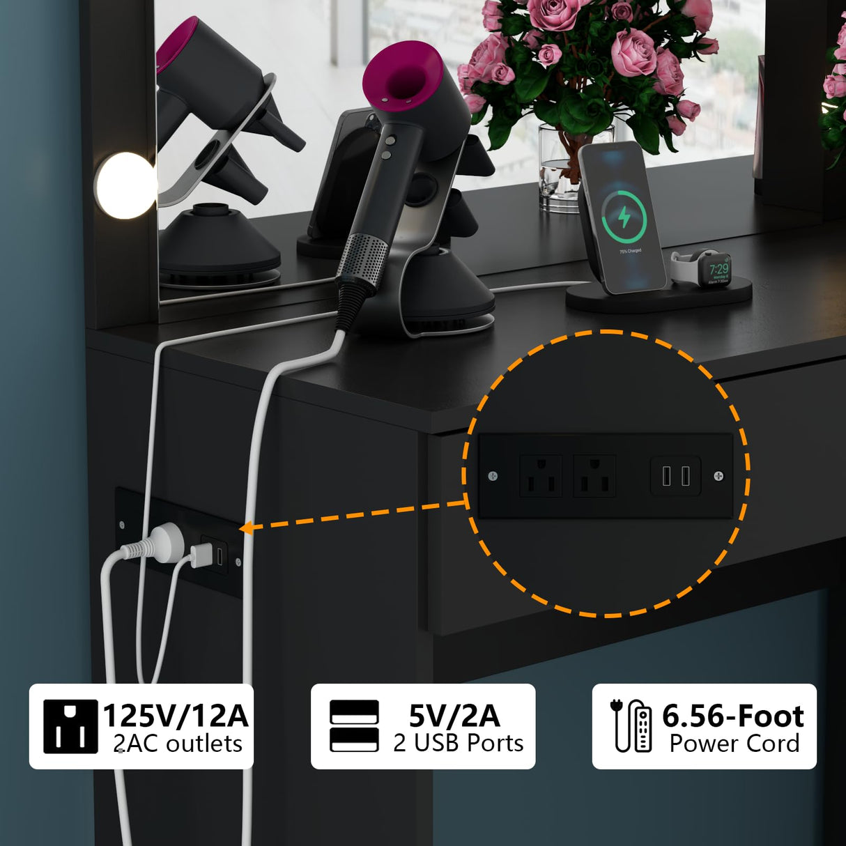 Gyfimoie 39 Inches Black Vanity Desk with Lights, 6-Drawers Makeup Vanity Table with Power Strip and Storage Shelves, Dressing Table with Lighted Mirror for Women Girls (Black) Gyfimoie