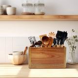 Wooden Kitchen Utensil Holder Organizer for Counter or Countertop, Large Wooden Utensil Holder for Storage Cooking and Silverware with 3 Compartment, Acacia Rustic Wood Container Extra Large Liberal Brightdeer