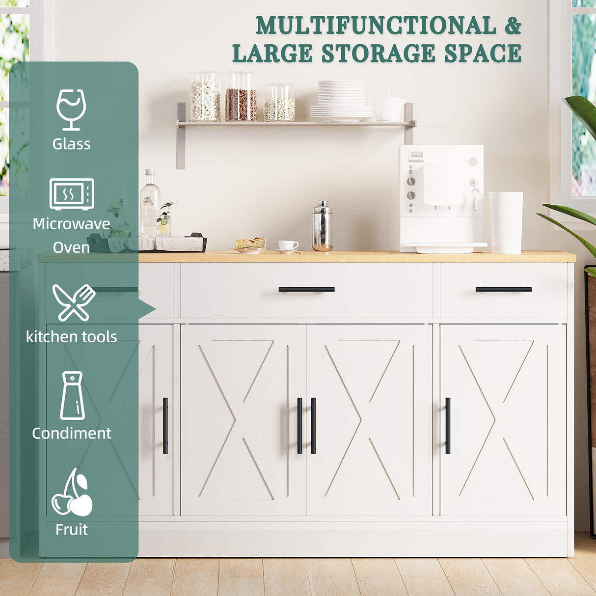 Shintenchi Buffet Cabinet with Storage,53.4" Large Kitchen Storage Cabinet with 3 Drawers and 4 Doors,Wood Farmhouse Buffet Sideboard with Adjustable Shelf for Kitchen Living Room Shintenchi