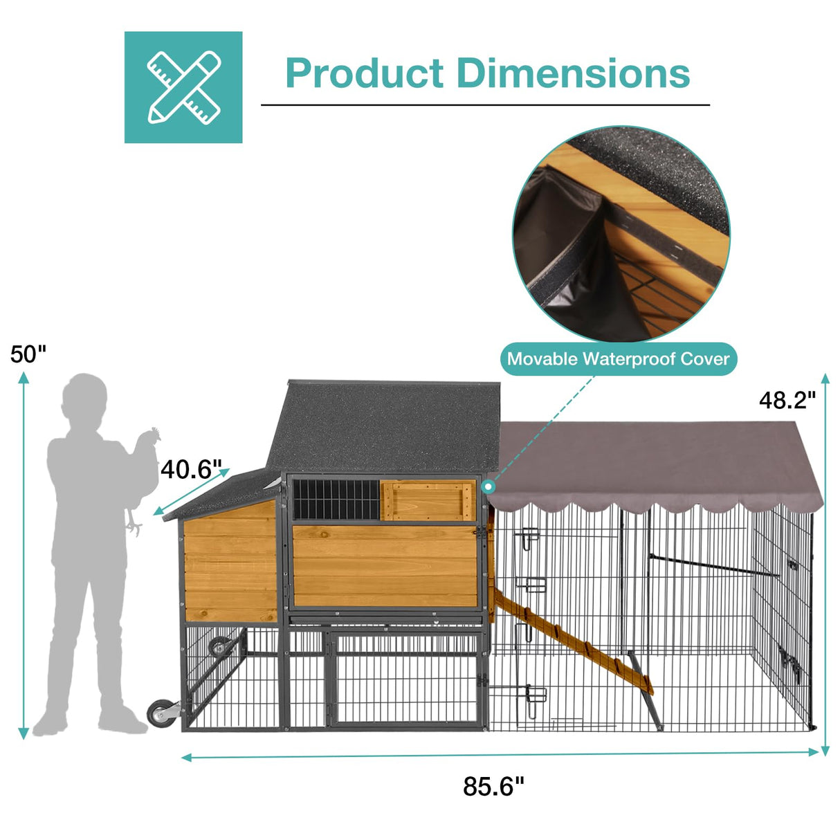 Large Chicken Coop for 4-6 Chickens,Mobile Combination of Metal and Wood Hen House Poultry Cage with Metal Run, Nesting Box,Waterproof Rain Cover Duck Coop Suumerpety