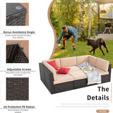 Shintenchi 6 Pieces Patio Furniture Sets Outdoor All-Weather Sectional Patio Sofa Set PE Rattan Manual Weaving Wicker Patio Conversation Set with Glass Table&Ottoman Cushion and Red Pillows, Beige Shintenchi